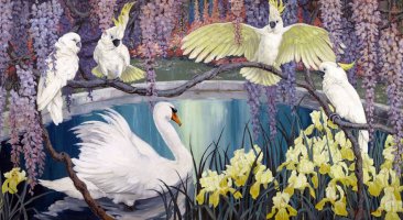 1927_Какаду и лебедь в окружении ирисов и глицинии (Cockatoos and a swan surrounded by irises ...jpg